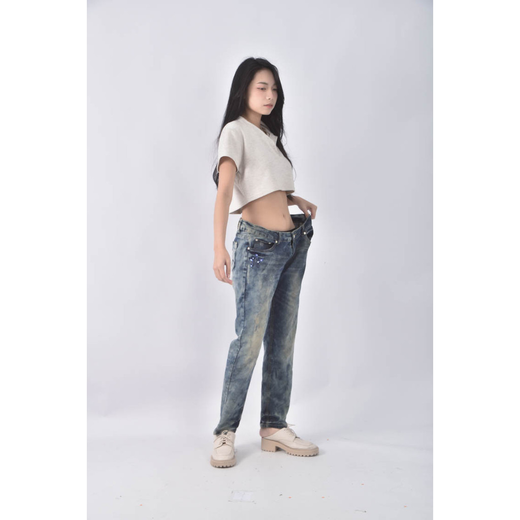 (2XL) diamond cut丹寧牛仔棉質亮片星星復古藍色長褲二手衣, , large