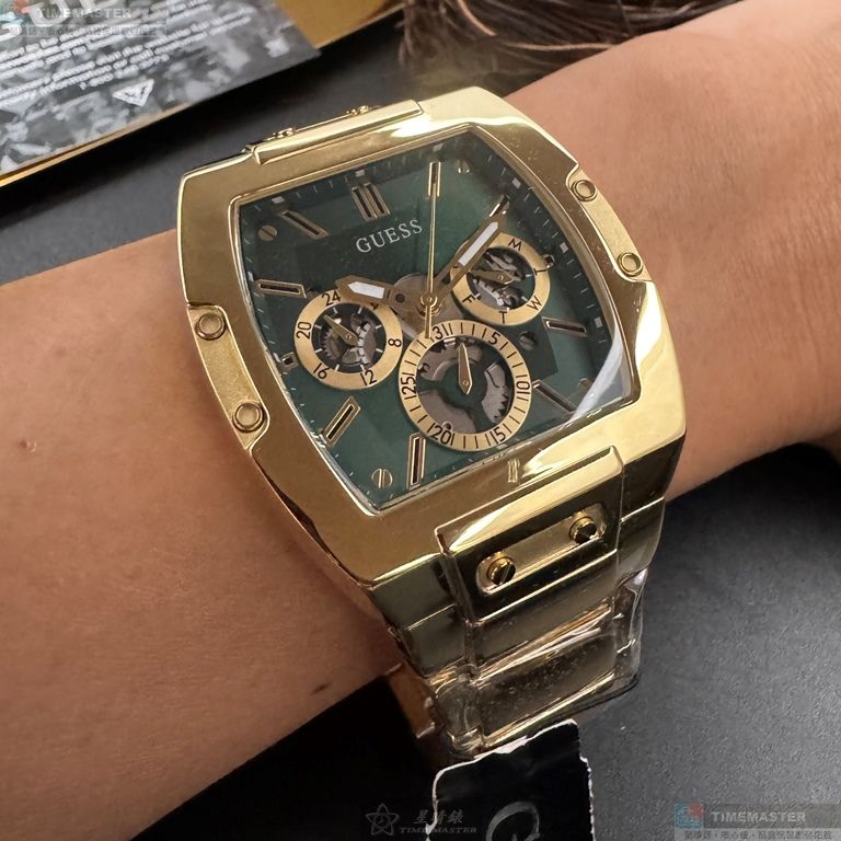 [星晴錶業]GUESS手錶,44mm50mm,GC00006墨綠色機械鏤空錶面金色錶殼金色精鋼錶帶款, , large