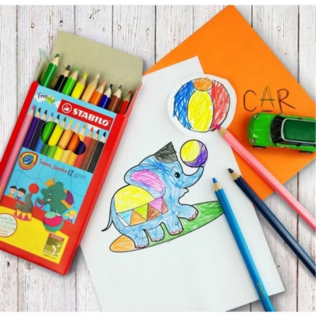 【德國天鵝STABILO】Swans Jumbo 特大油性色鉛筆 兒童適用 筆芯不易斷 好握好畫短版(1/2長)12色(ST1873J), , large