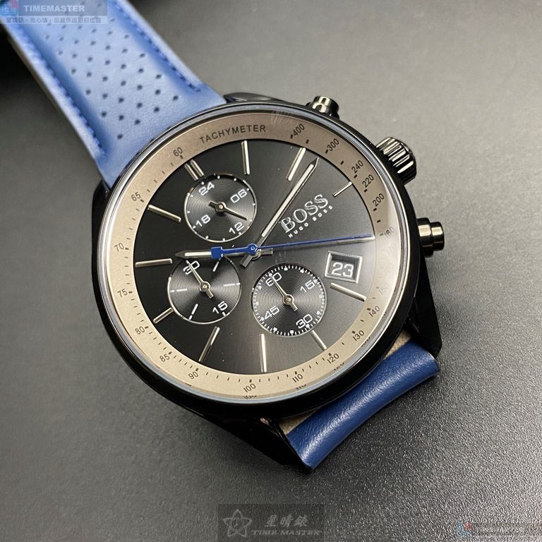 [星晴錶業]BOSS手錶,44mm,HB1513563鐵灰錶面黑錶殼寶藍真皮皮革錶帶款, , large