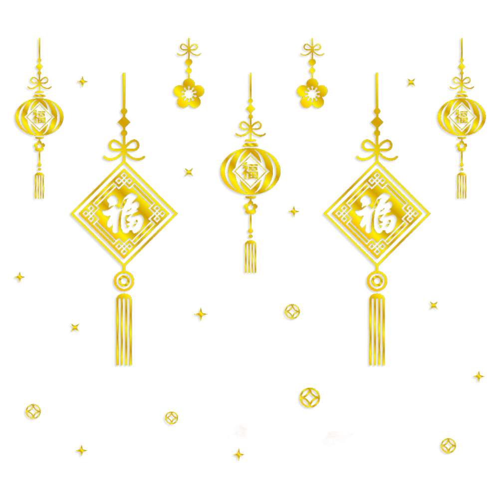 摩達客◉春節開運招財◉拉絲彩金福字燈籠雙面靜電貼無痕窗貼玻璃貼, , large