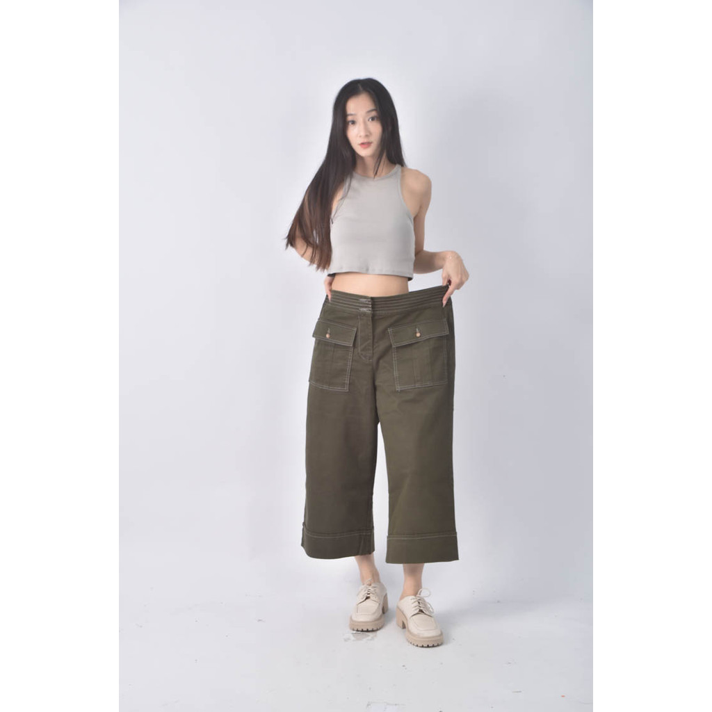 (4XL（含）以上) sprit高腰寬版綠色長褲二手衣, , large