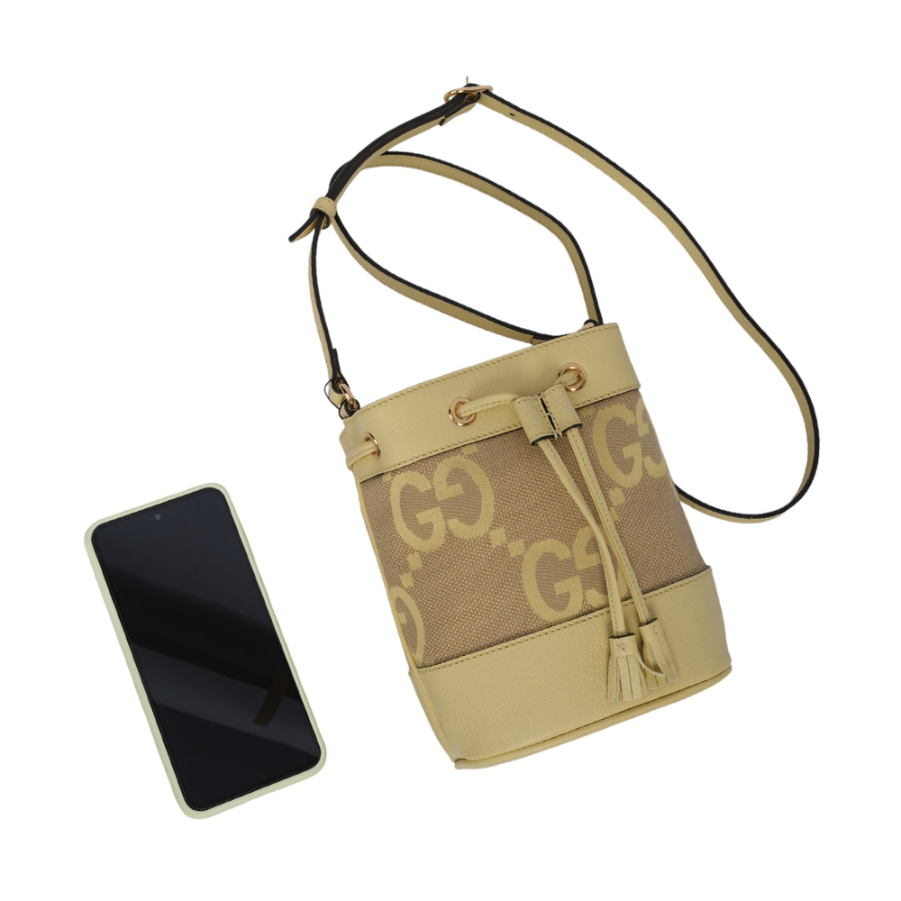 GUCCI Jumbo GG Logo Ophidia 水桶斜背包(Mini)/駝色/香蕉黃, , large