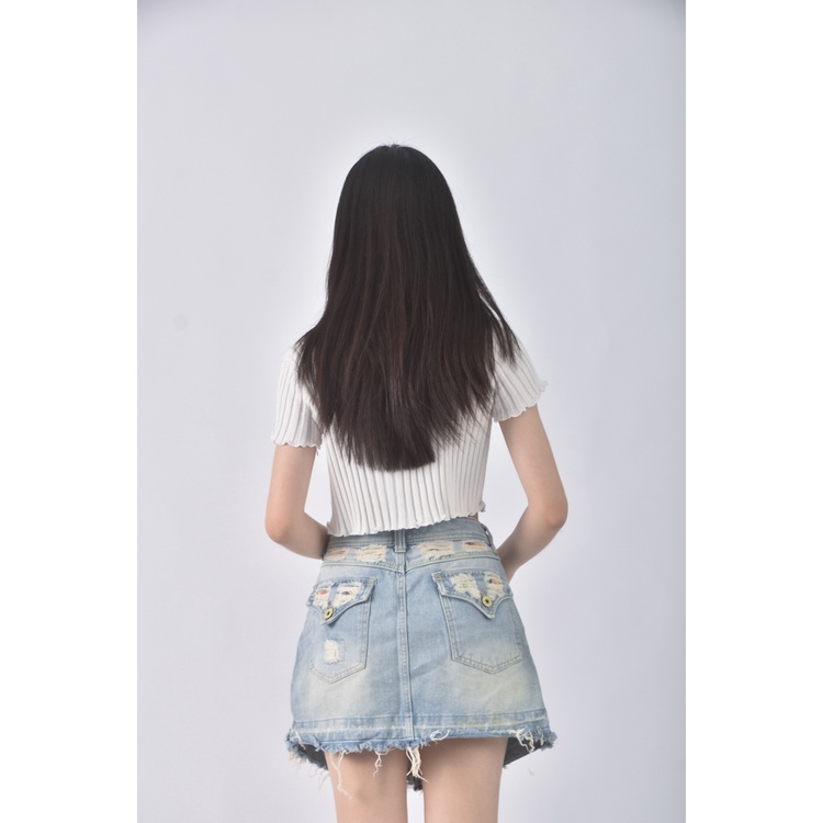(XL) ujufj丹寧牛仔質感棉質純棉藍色短裙二手衣, , large