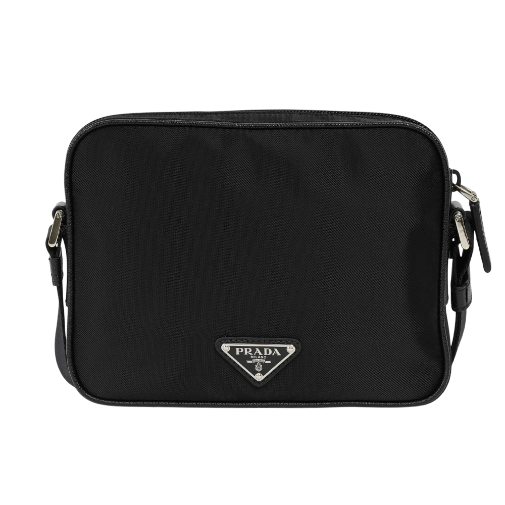 PRADA 刺繡及三角牌Logo 雙面可用尼龍拉鍊斜背包/黑色, , large