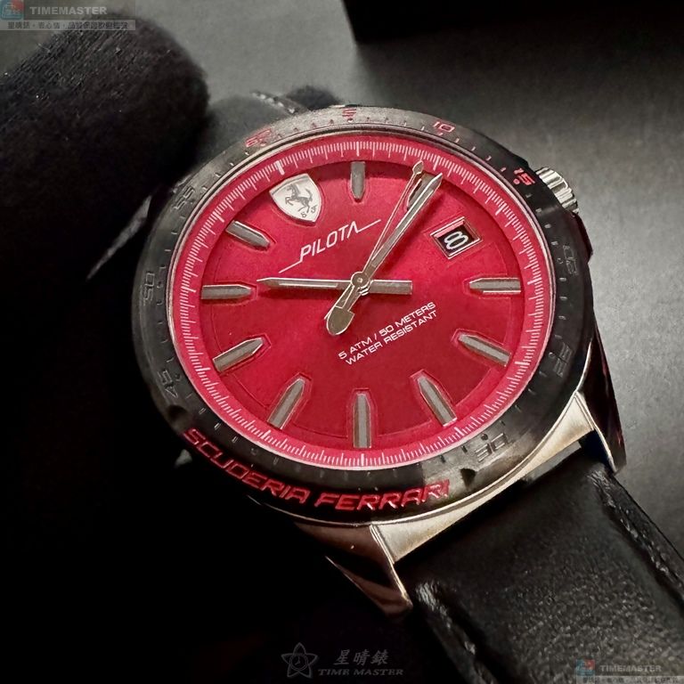 [星晴錶業]FERRARI手錶,46mm,FE00081紅色錶面銀錶殼深黑色真皮皮革錶帶款, , large