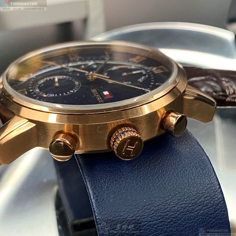 [星晴錶業]TommyHilfiger手錶,44mm,TH00009寶藍色錶面玫瑰金錶殼咖啡色真皮皮革錶帶款, , large