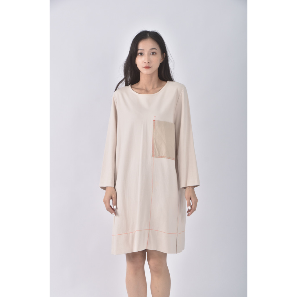 (M) cos質感棉質圓領杏色洋裝二手衣