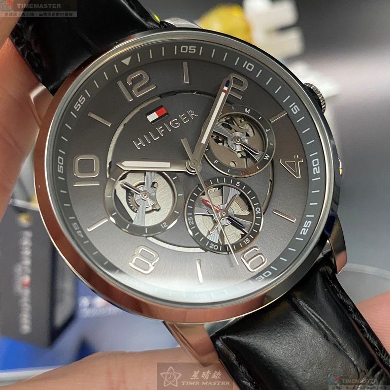 [星晴錶業]TommyHilfiger手錶,44mm,TH00011鐵灰色錶面銀錶殼深黑色真皮皮革錶帶款, , large