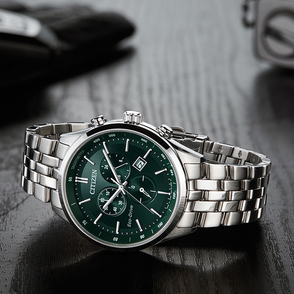 CITIZEN 星辰 光動能復古風計時手錶-銀x紳士綠 AT2149-85X, , large