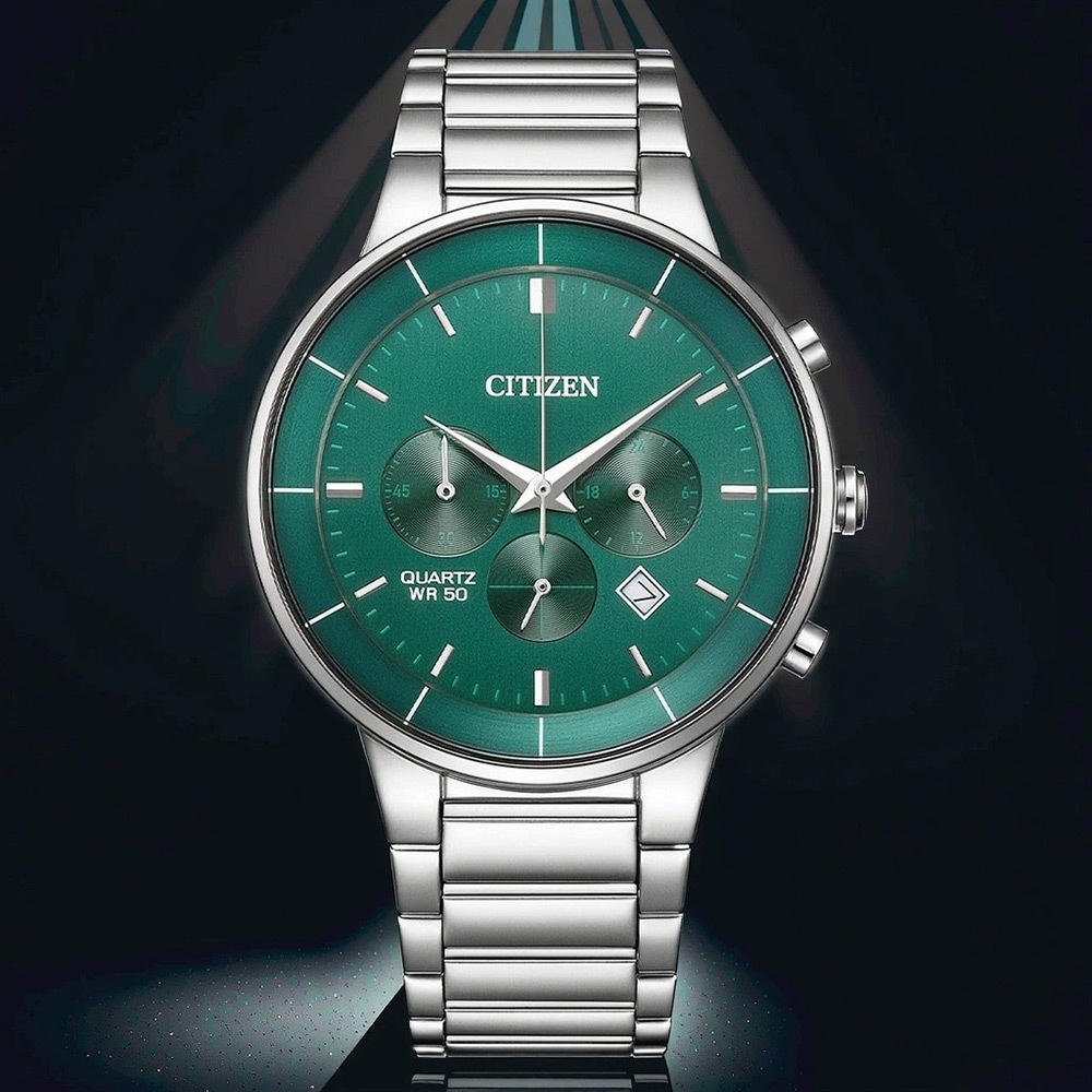 CITIZEN 星辰 Chronograph 紳男計時手錶 送禮推薦-銀x綠/42mm AN8220-52X, , large