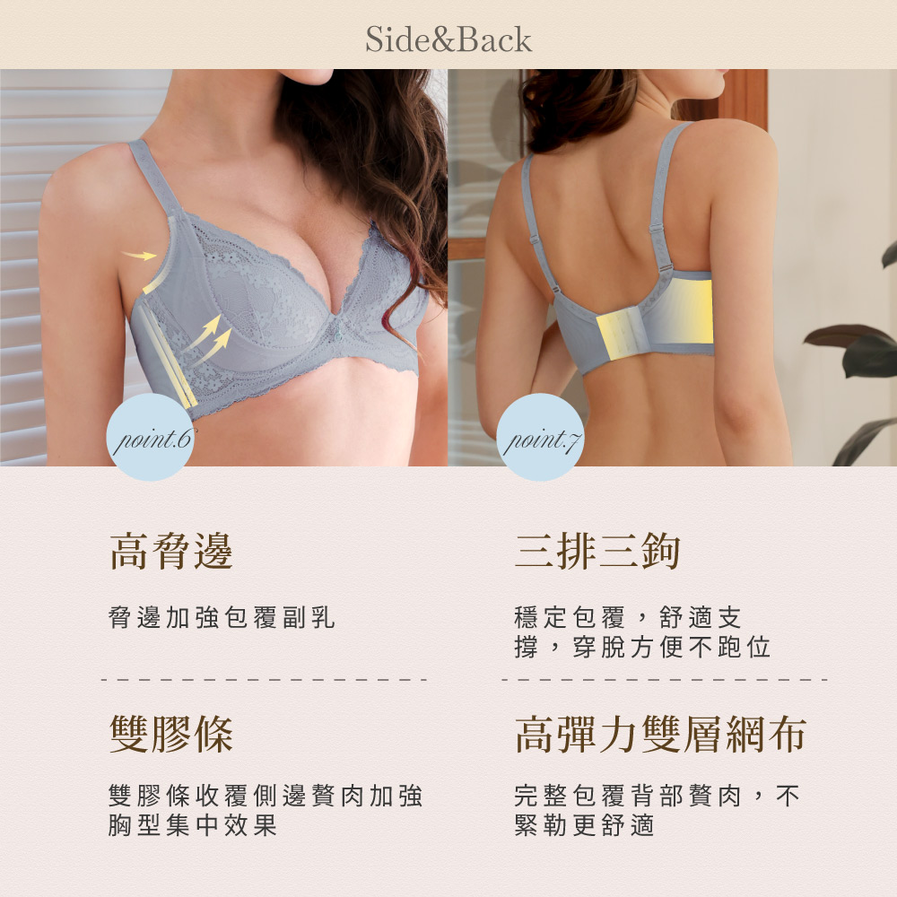 【Clany可蘭霓】 澎然升級 抑菌石墨烯軟鋼圈調整型BCD內衣｜低脊心.集中包副乳.蕾絲內衣 8071-52 霧灰藍, , large