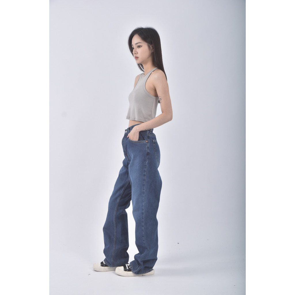 (3XL) gap高腰丹寧牛仔質感棉質純棉藍色長褲二手衣, , large