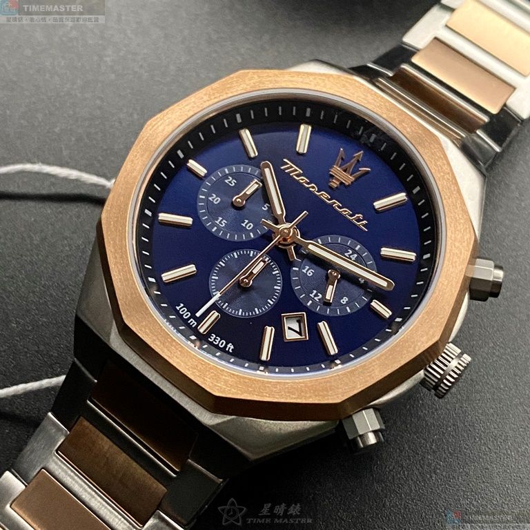 [星晴錶業]MASERATI手錶,46mm,R8873642002寶藍色錶面玫瑰金錶殼金銀相間精鋼錶帶款, , large