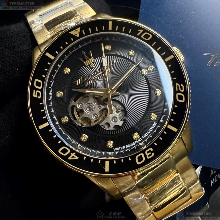 [星晴錶業]MASERATI手錶,44mm,R8823140003黑色雙面機械鏤空錶面金色錶殼金色精鋼錶帶款, , large
