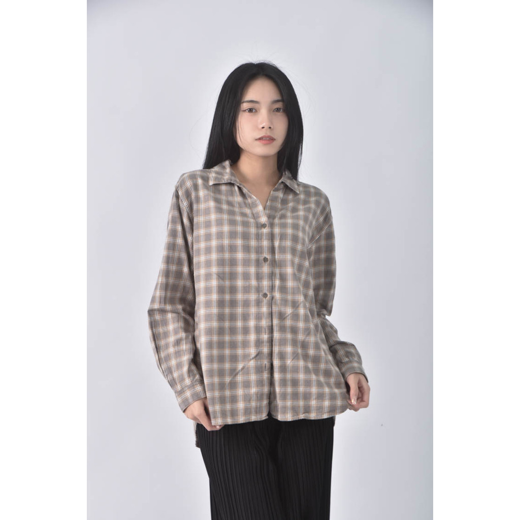 (L) uniqlo棉質格紋棕色長袖上衣二手衣, , large