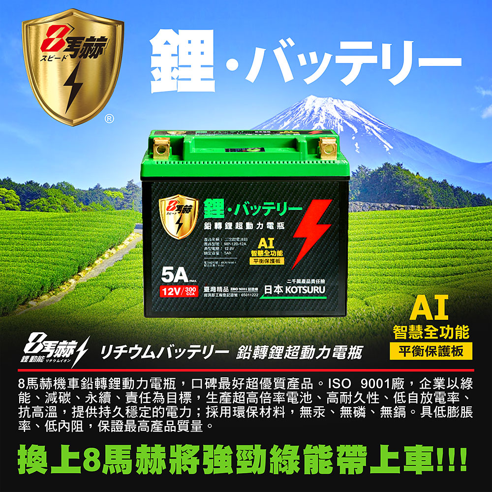 【KOTSURU】MP-12A 8馬赫 鉛轉鋰超動力機車電瓶 鋰鐵啟動電池 12V 300CCA, , large