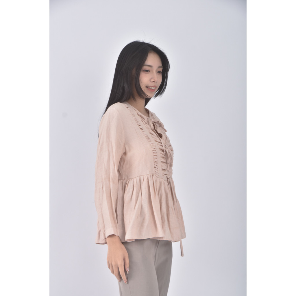(S) 質感V領杏色長袖上衣二手衣, , large