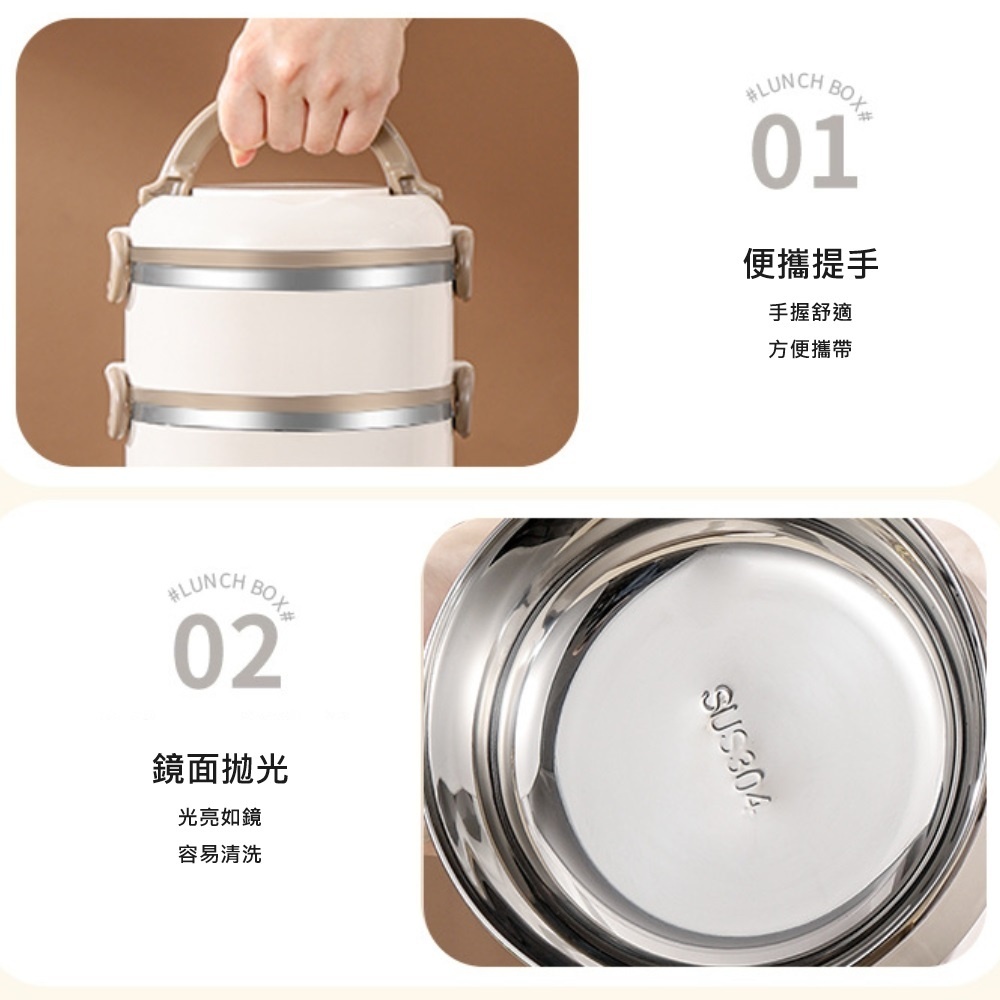 【A&R】升級版日式304不鏽鋼三層保溫飯盒附贈湯匙+保溫袋-微波款2500ML-米白尬紅邊, , large