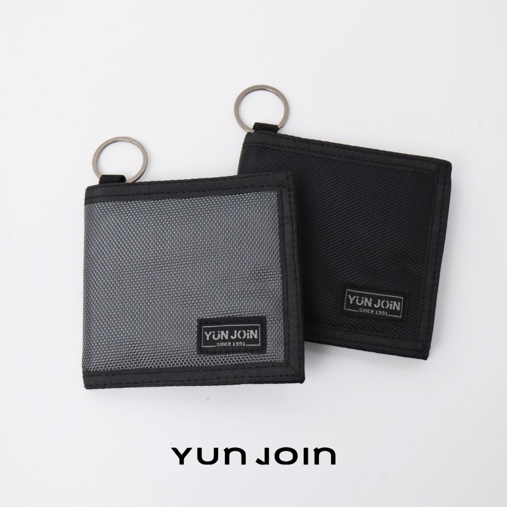 【YUNJOIN】尼龍對摺短夾-黑色 防潑水耐磨 卡片零錢收納 休閒百搭皮夾 含鑰匙圈, , large