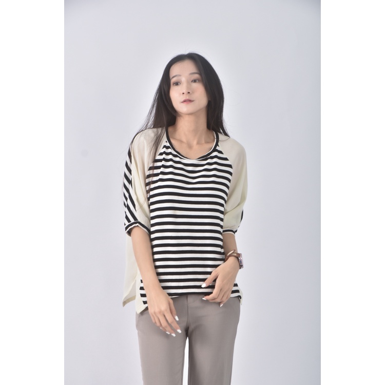 (M) pear質感條紋白色長袖上衣二手衣, , large