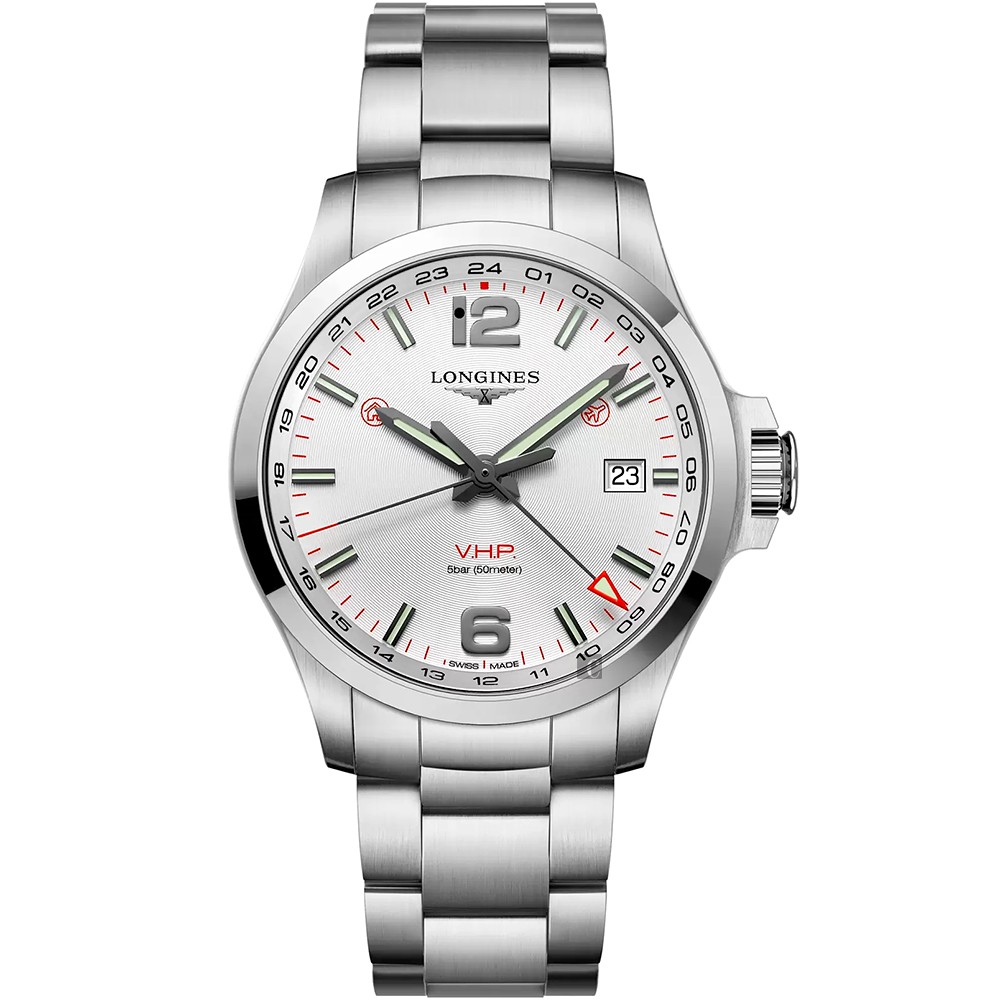 LONGINES 浪琴 征服者系列V.H.P. GMT 萬年曆手錶-銀/43mm L37284766, , large