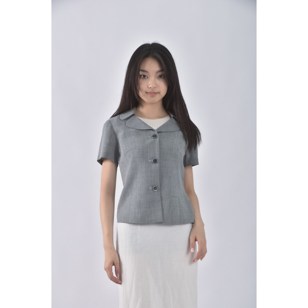 (M) cinq centimes翻領排扣灰色外套二手衣, , large