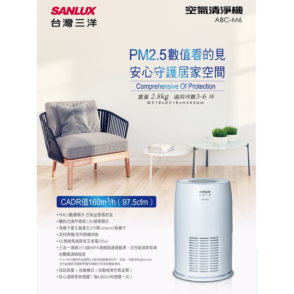 SANLUX 台灣三洋 3-6坪 負離子空氣清淨機 ABC-M6, , large