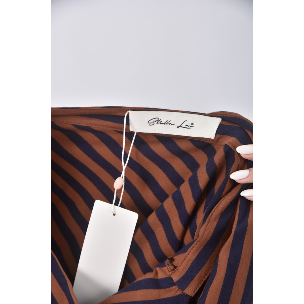 (S) stella lai棉質斜肩條紋棕色上衣二手衣, , large