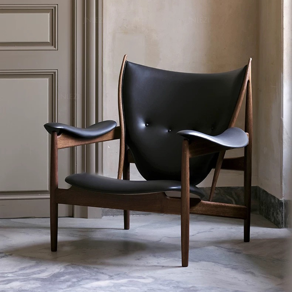 Black ash wood and genuine leather single sofa, , large