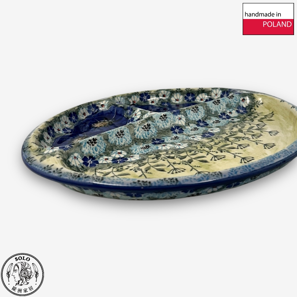 【SOLO Vintage】Cerraf Polish Pottery 28cm Divider Plate Traces of Fragrance in the Blue Fields Series Made in Poland, , large