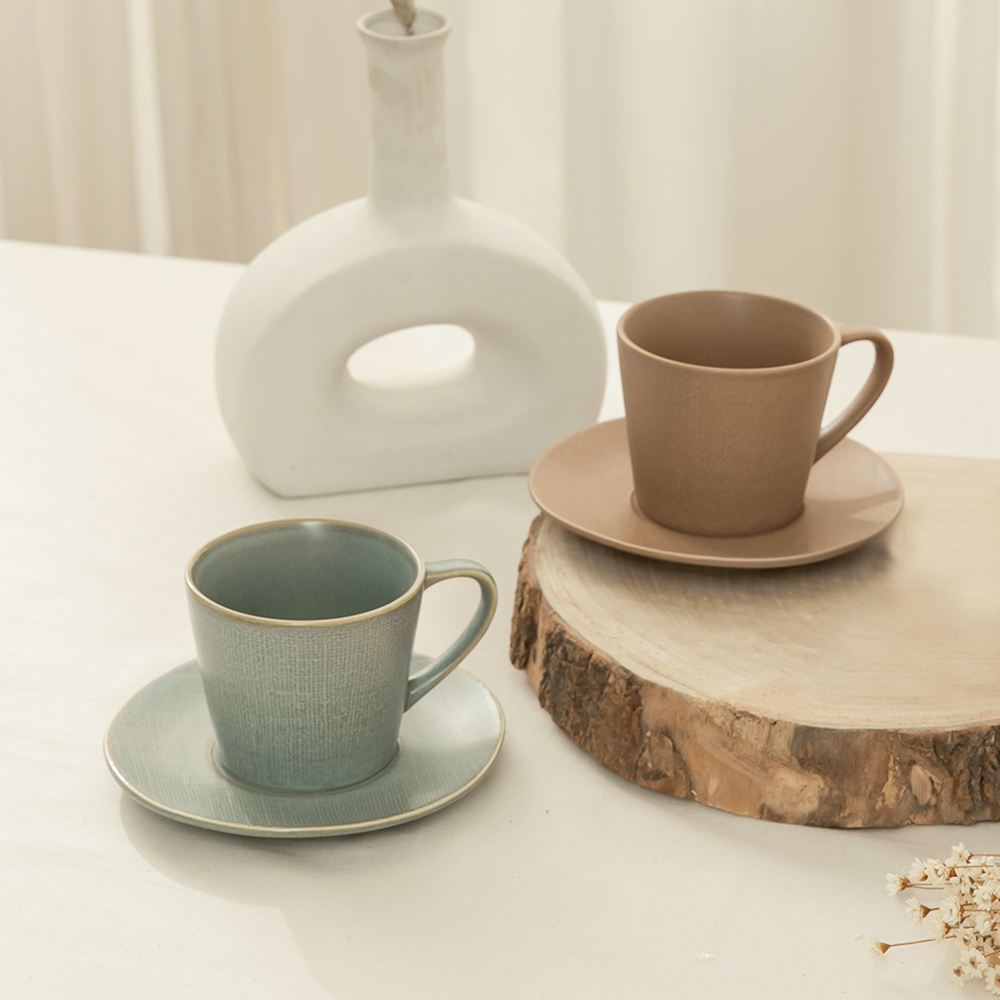 Handcrafted Embossed Kiln-Glazed Ceramic Coffee Cup and Saucer Set, , large
