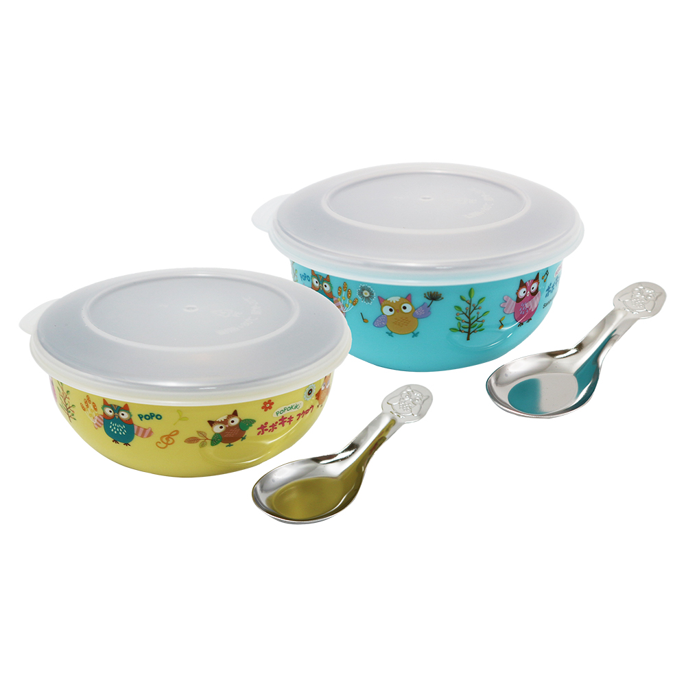 POPOKIKI 304不繡鋼隔熱餐碗-附匙-塑膠蓋-藍色X1+黃色X1, , large
