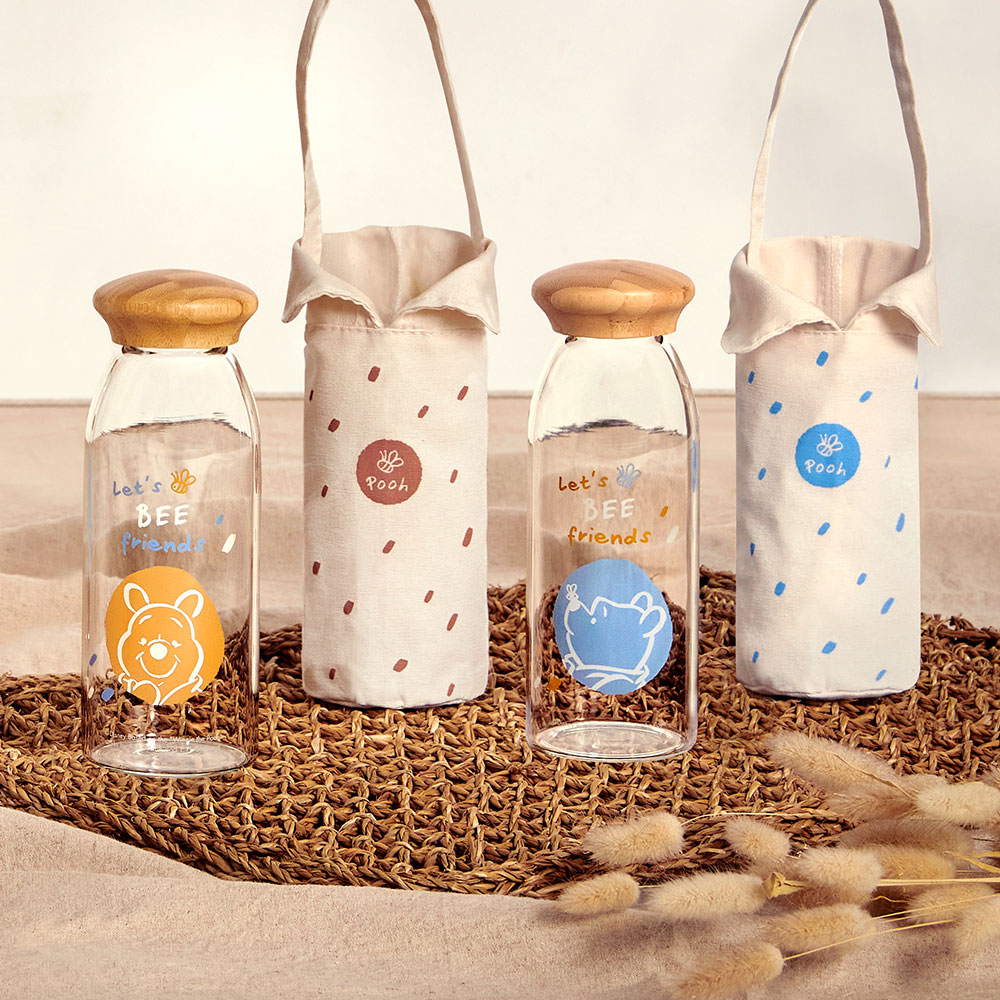 Disney迪士尼 維尼日和 竹蓋小玻璃瓶提袋組500ml, , large