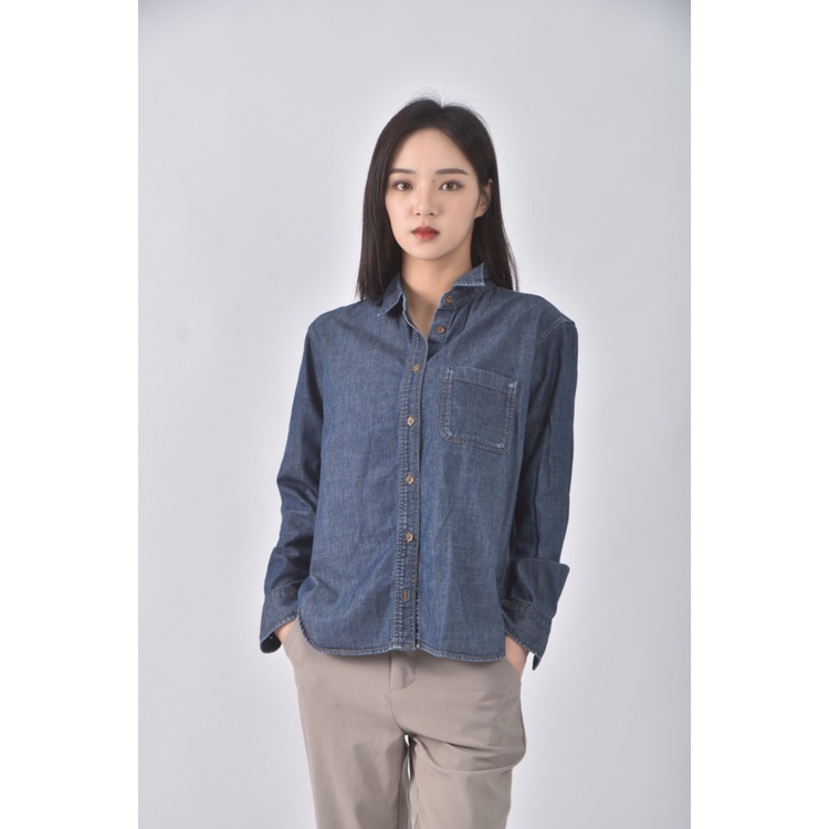 (S) uniqlo質感棉質純棉藍色長袖上衣二手衣, , large