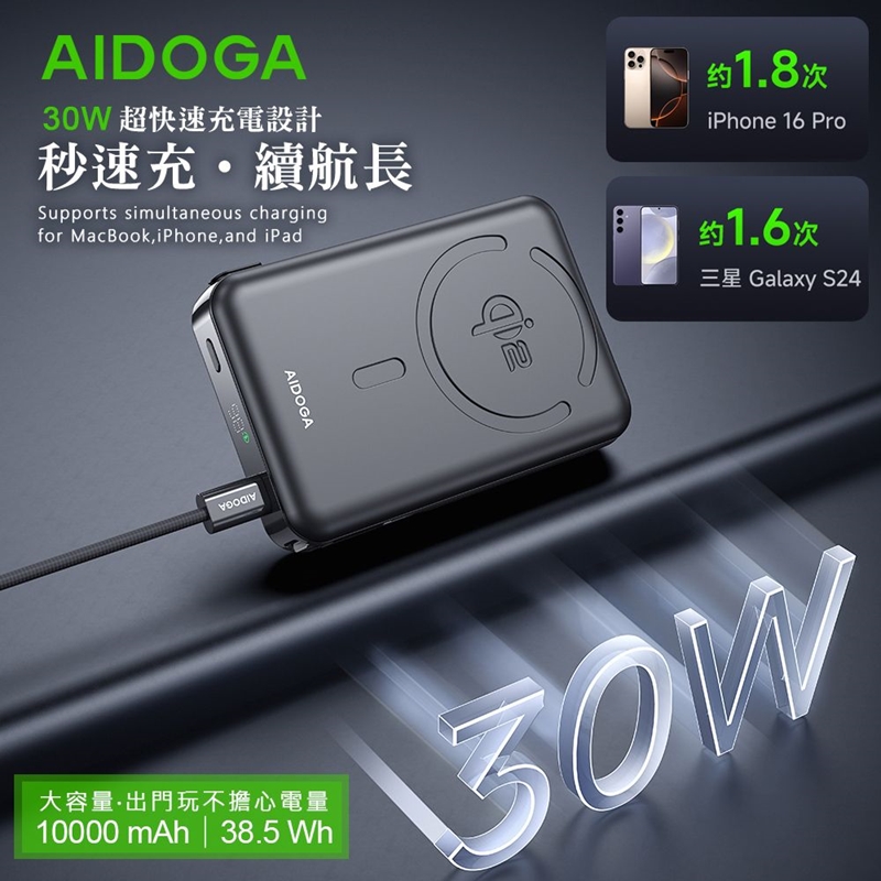AIDOGA艾迪伽 LQ PB4241 PowerMag系列Qi2磁吸手機支架無線充行動電源10000mAh 38.5Wh 35W Magsafe, , large