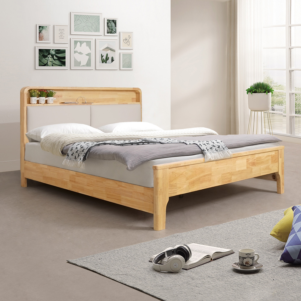 【Homelike】喜家居雙人加大6尺LED觸控燈實木床架組(附床板)(2336), , large