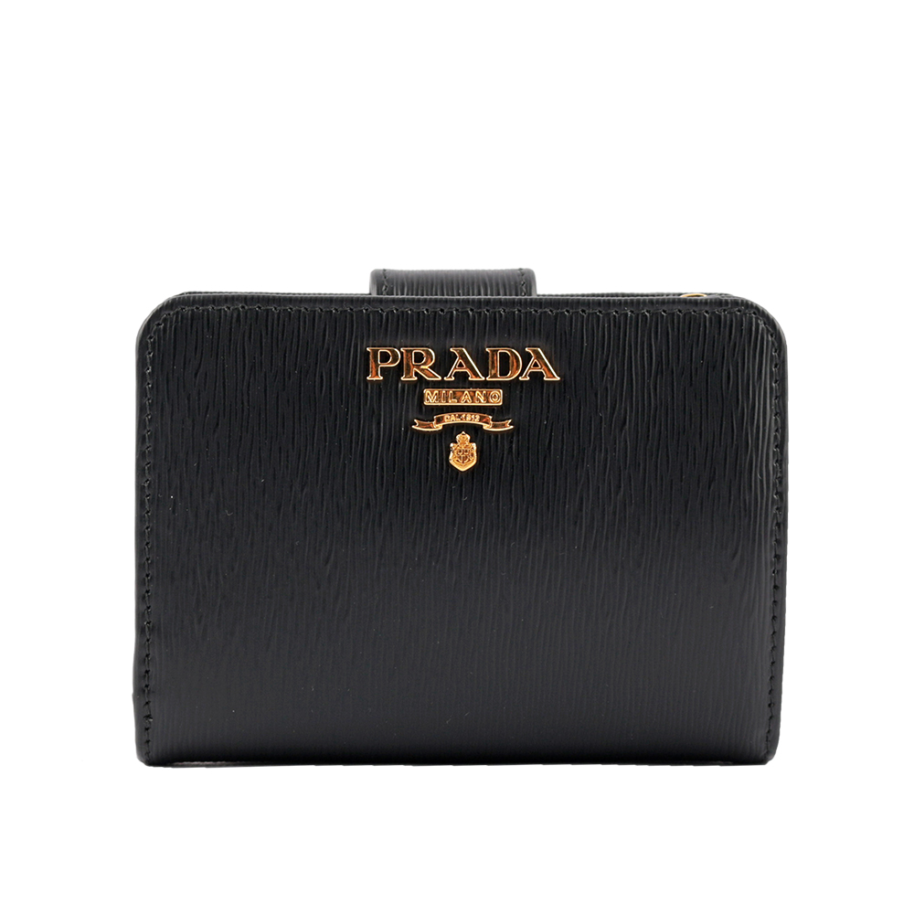 PRADA 浮雕Logo水波紋拉鍊釦式厚款零錢短夾/黑色, , large