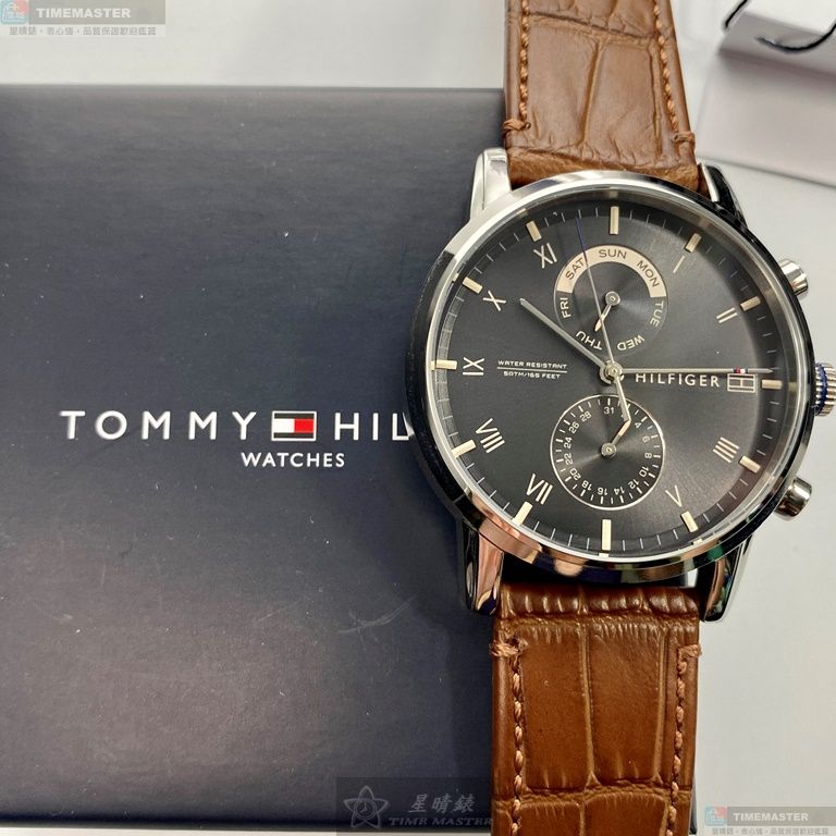 [星晴錶業]TommyHilfiger手錶,44mm,TH00018黑色錶面銀錶殼咖啡色真皮皮革錶帶款, , large