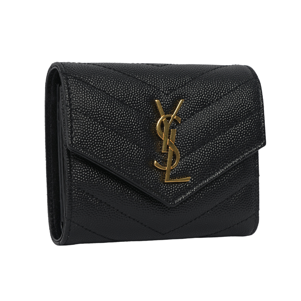 YSL 金字山形紋魚子醬皮三折零錢袋短夾/黑色, , large