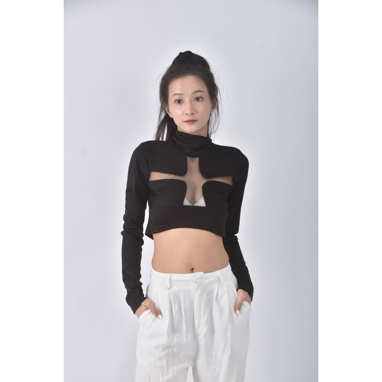 (S) 【安于晴Charlene私服】kulu studio質感修身短版透膚黑色長袖上衣二手衣, , large