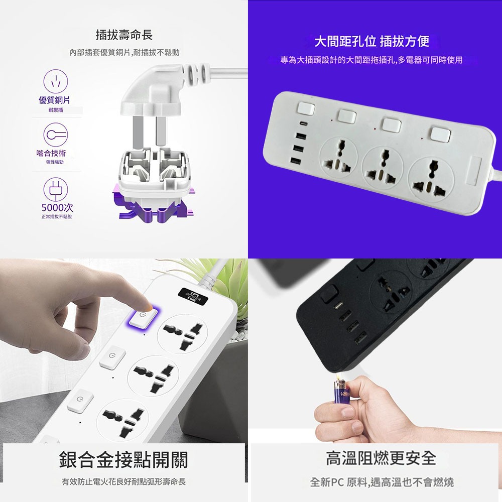 2-meter USB multi-port power strip (US standard/black), , large