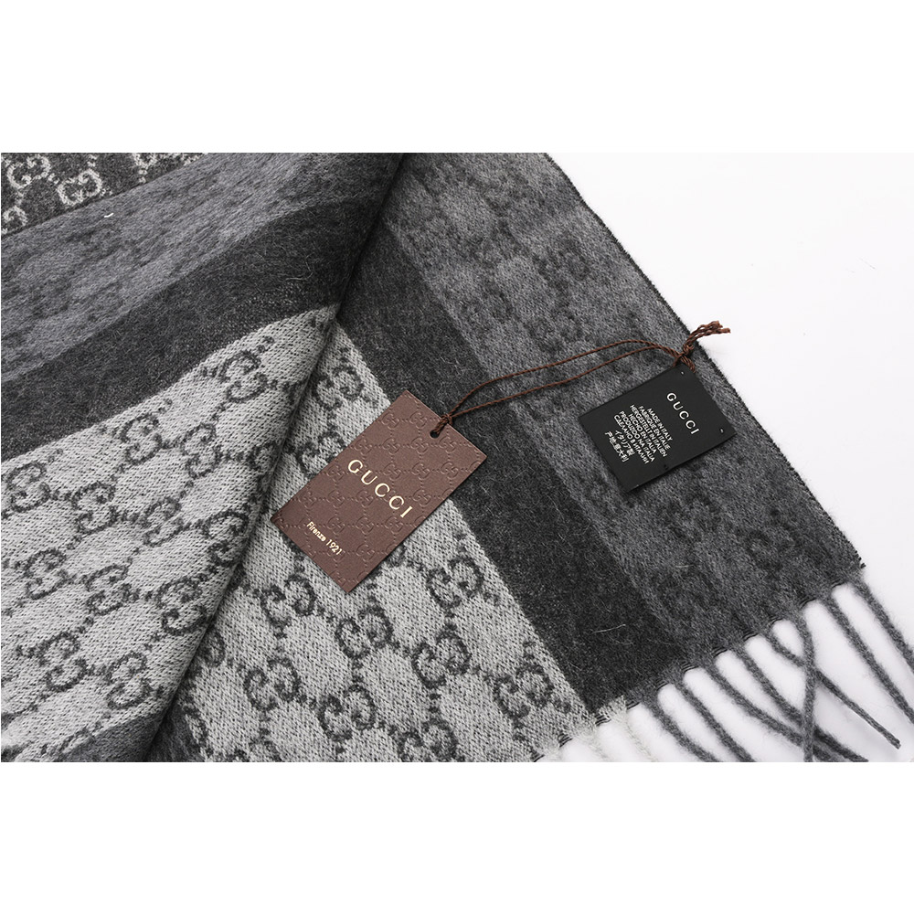 GUCCI GG Logo深淺灰條紋羊毛圍巾/煤灰色, , large