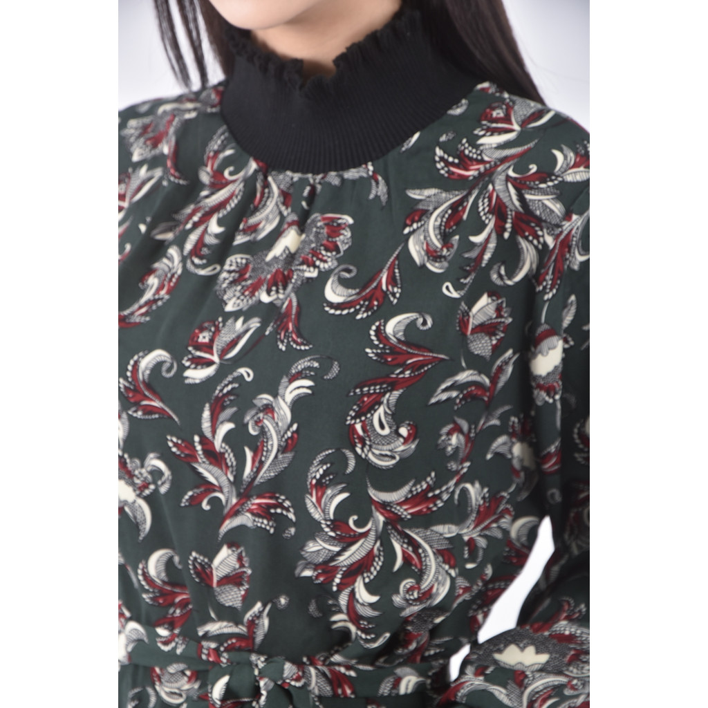 (M) 質感花紋綠色綁帶洋裝二手衣, , large