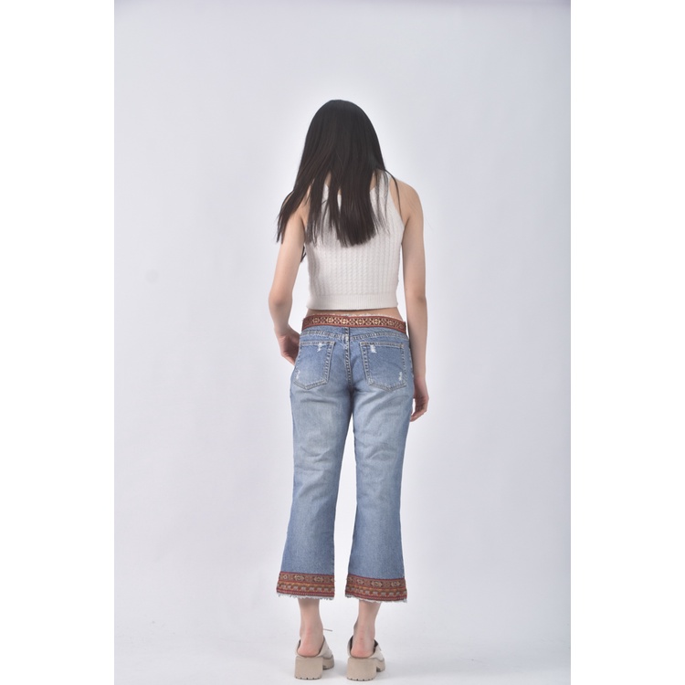 (L) 丹寧牛仔質感刺繡藍色長褲二手衣, , large