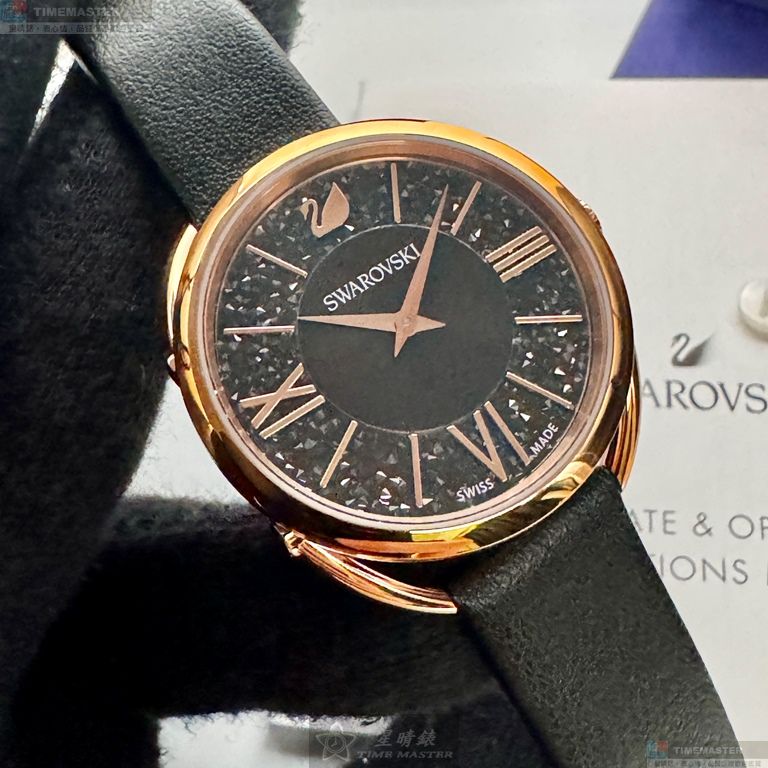 [星晴錶業]SWAROVSKI手錶,34mm,SW00021黑色錶面玫瑰金錶殼深黑色真皮皮革錶帶款, , large