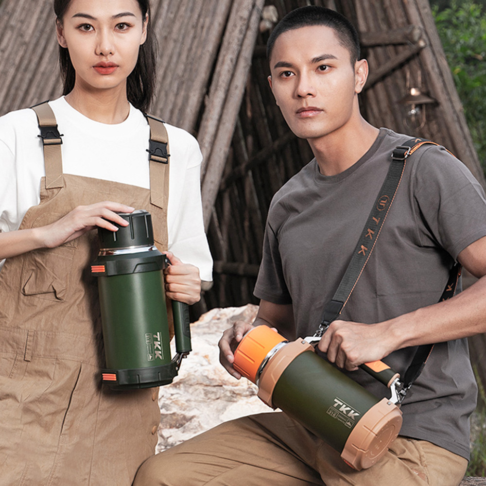 【TKK】金剛系列316不鏽鋼 手提+背帶 一鍵按壓出水 大容量 24H長效保溫杯壺 運動水壺2000ML-山野橙, , large