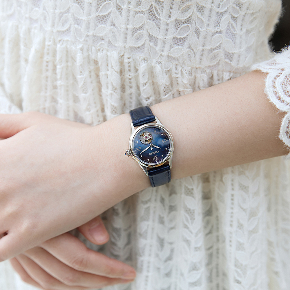 CITIZEN 星辰 小鏤空優雅機械女錶-藍/28.5mm PR1041-18N, , large