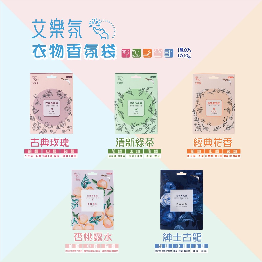 [冠岱]艾樂氛衣物香氛袋3袋一盒/古典玫瑰/經典花香/清新綠茶/紳士古龍/杏桃露水 台灣製造, , large