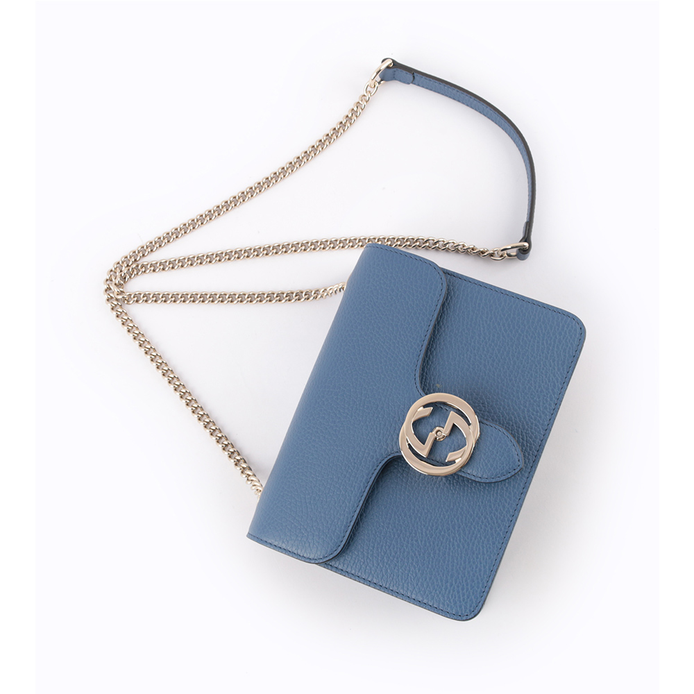 GUCCI 金屬雙G Logo荔枝皮革方形斜背包/藍色, , large